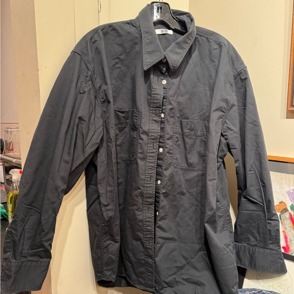 Black Uniqlo Oversized Button Down Twill Shirt